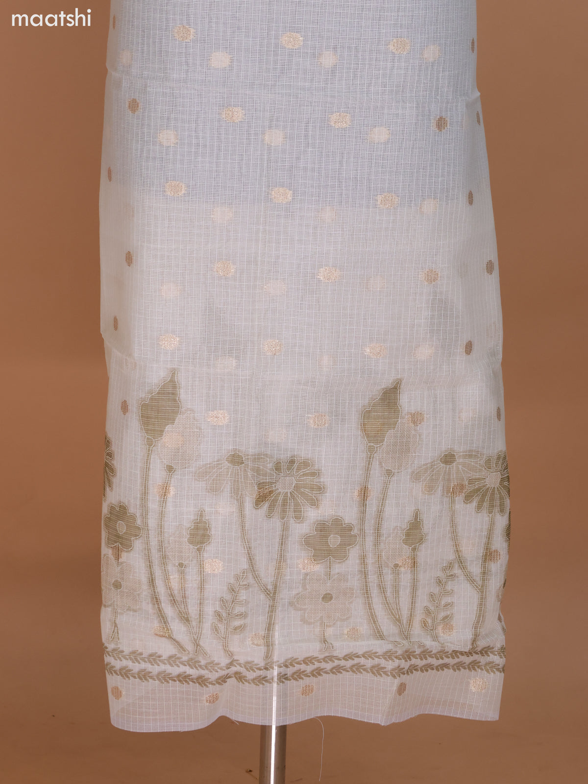 Cream and Sap Green Kota Dress Material With Floral Embroidery Work & Zari Buttas and Bottom & Dupatta