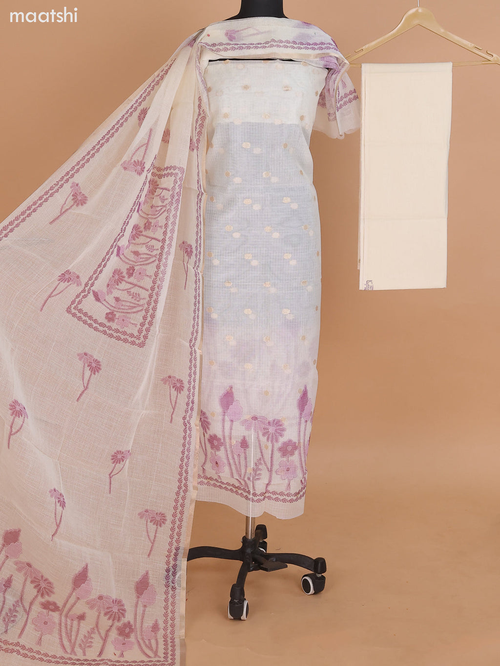 Cream and Purple Shade Kota Dress Material With Floral Embroidery Work & Zari Buttas and Bottom & Dupatta