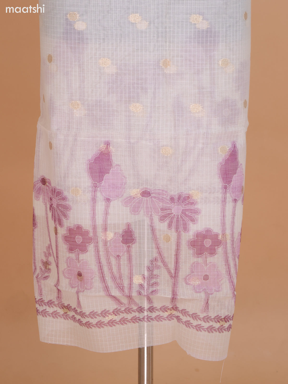 Cream and Purple Shade Kota Dress Material With Floral Embroidery Work & Zari Buttas and Bottom & Dupatta