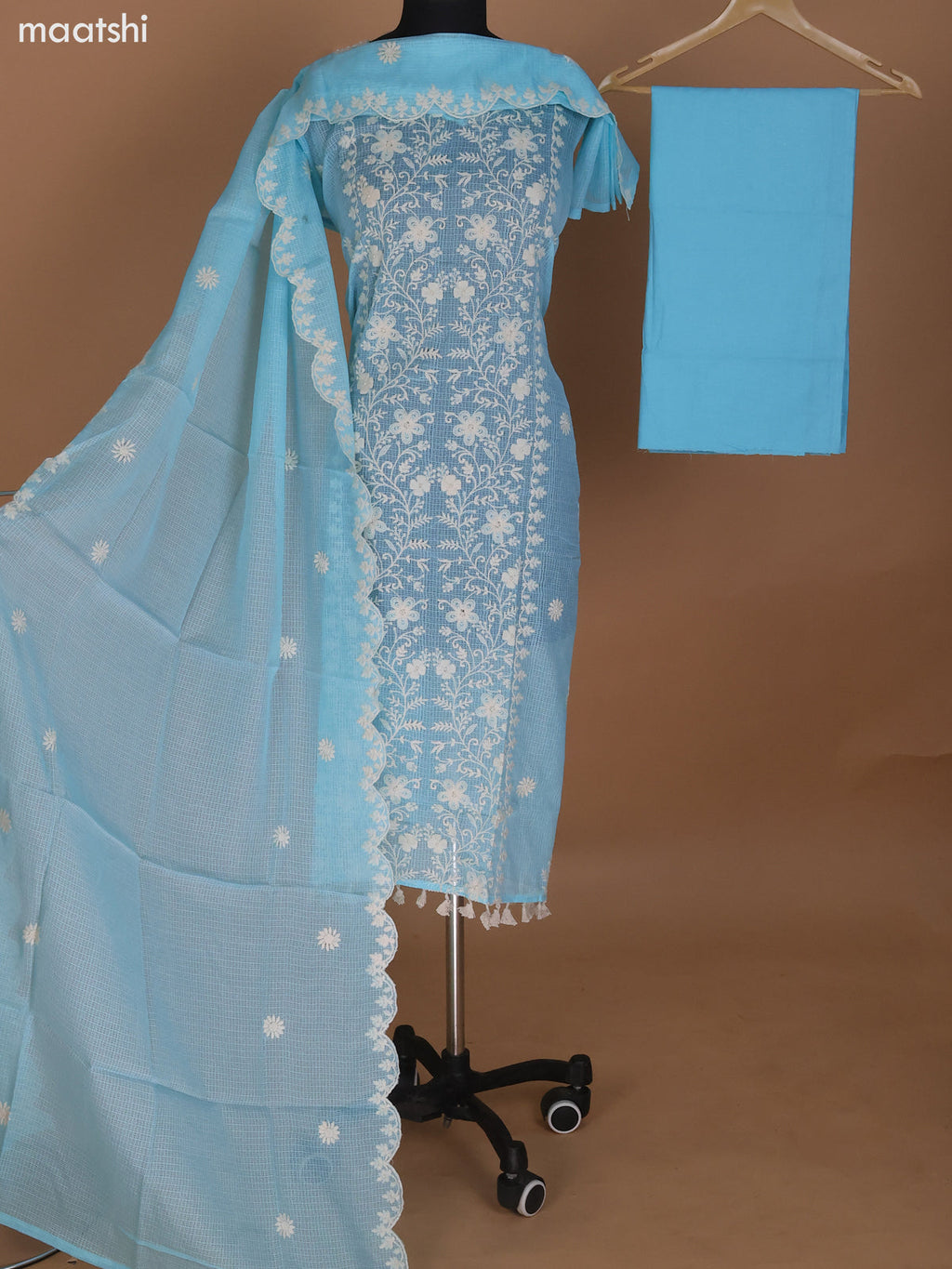 Teal Blue Kota Dress Material With Floral Embroidery Work and Bottom & Dupatta