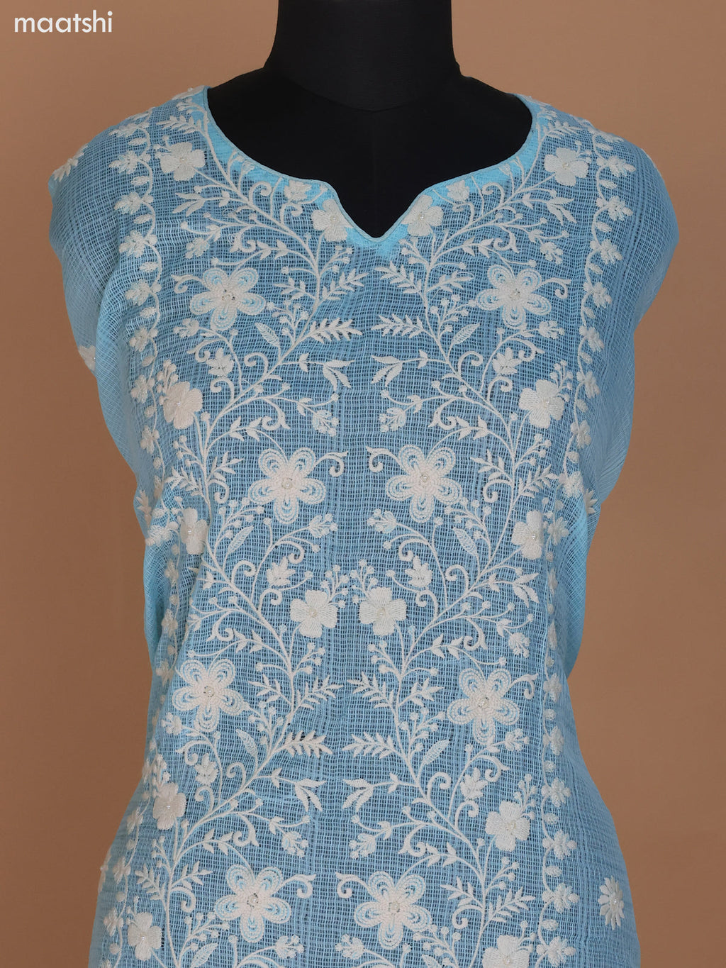 Teal Blue Kota Dress Material With Floral Embroidery Work and Bottom & Dupatta