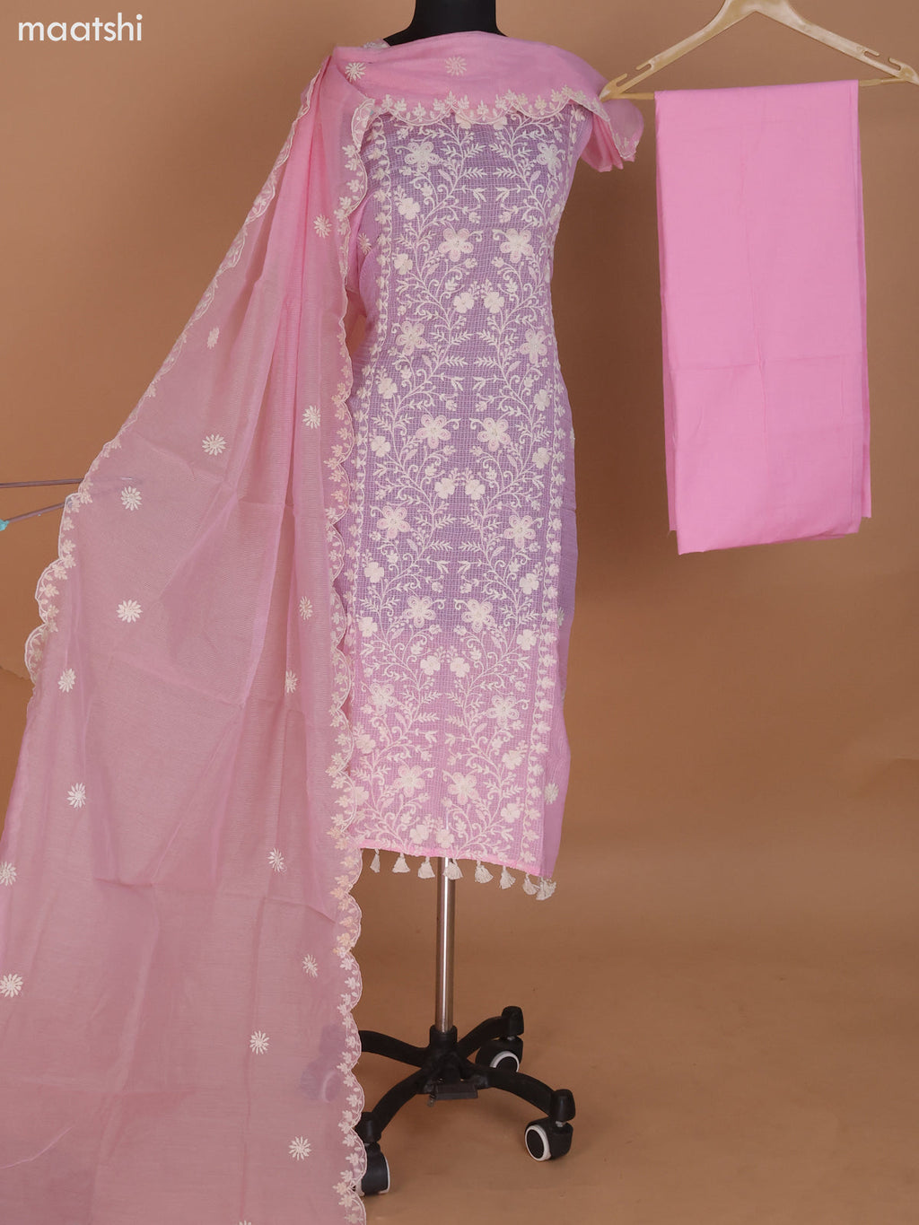 Peach Pink Kota Dress Material With Floral Embroidery Work and Bottom & Dupatta