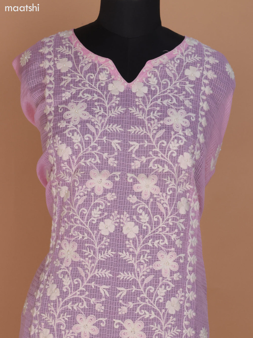 Peach Pink Kota Dress Material With Floral Embroidery Work and Bottom & Dupatta