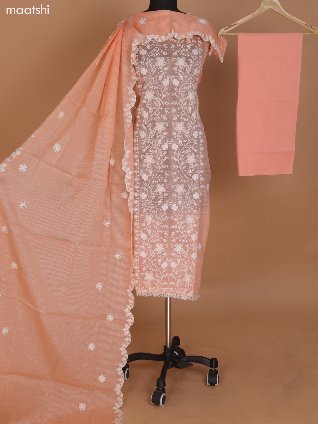Peach Shade Kota Dress Material With Floral Embroidery Work and Bottom & Dupatta