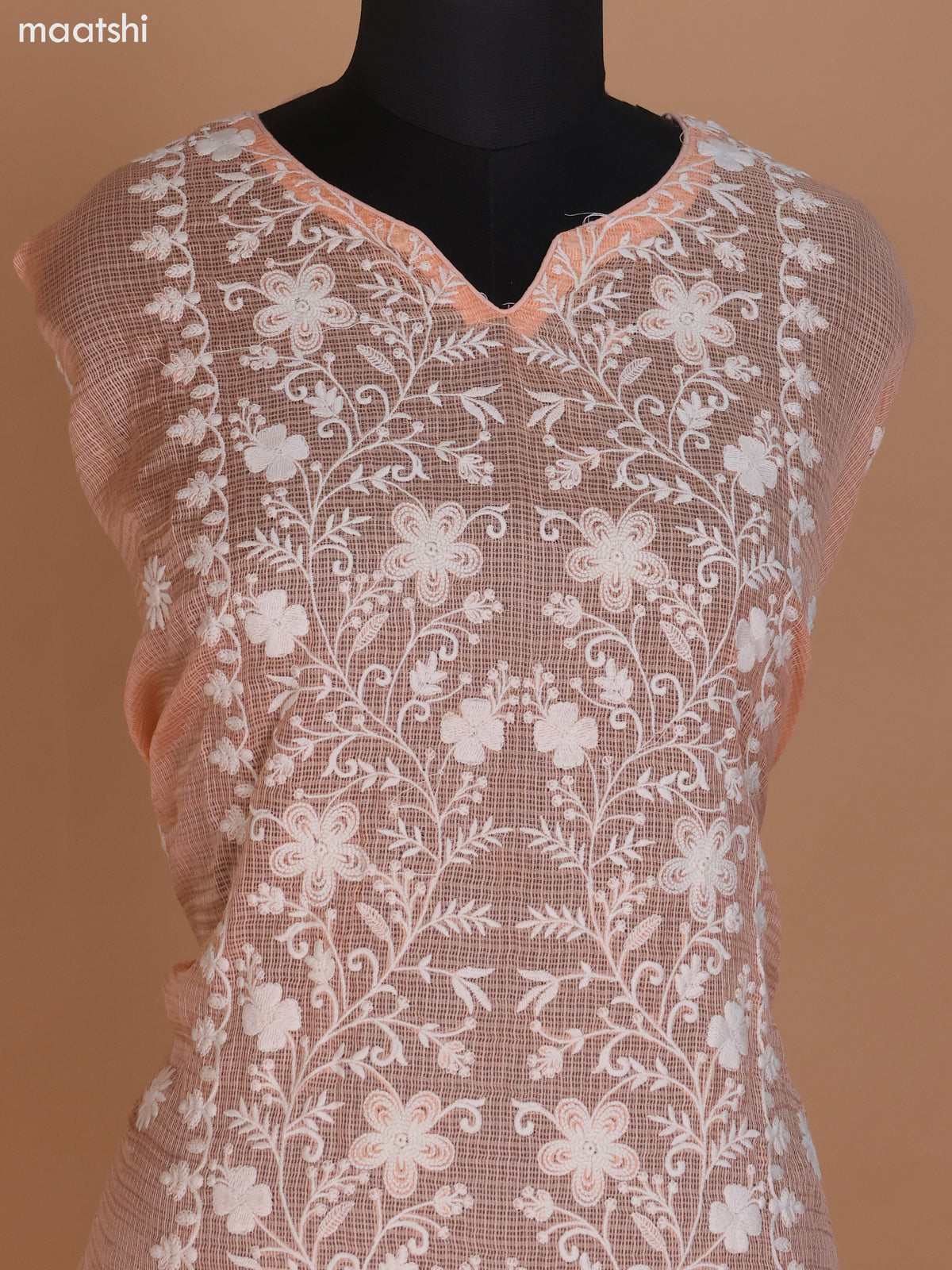 Peach Shade Kota Dress Material With Floral Embroidery Work and Bottom & Dupatta