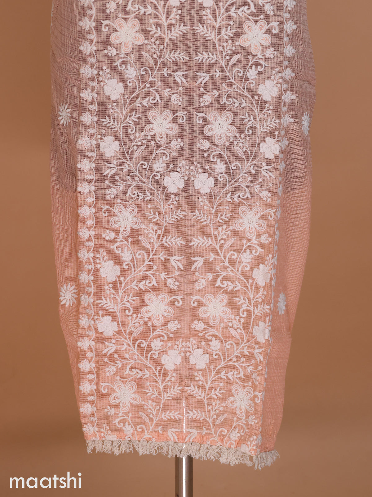 Peach Shade Kota Dress Material With Floral Embroidery Work and Bottom & Dupatta