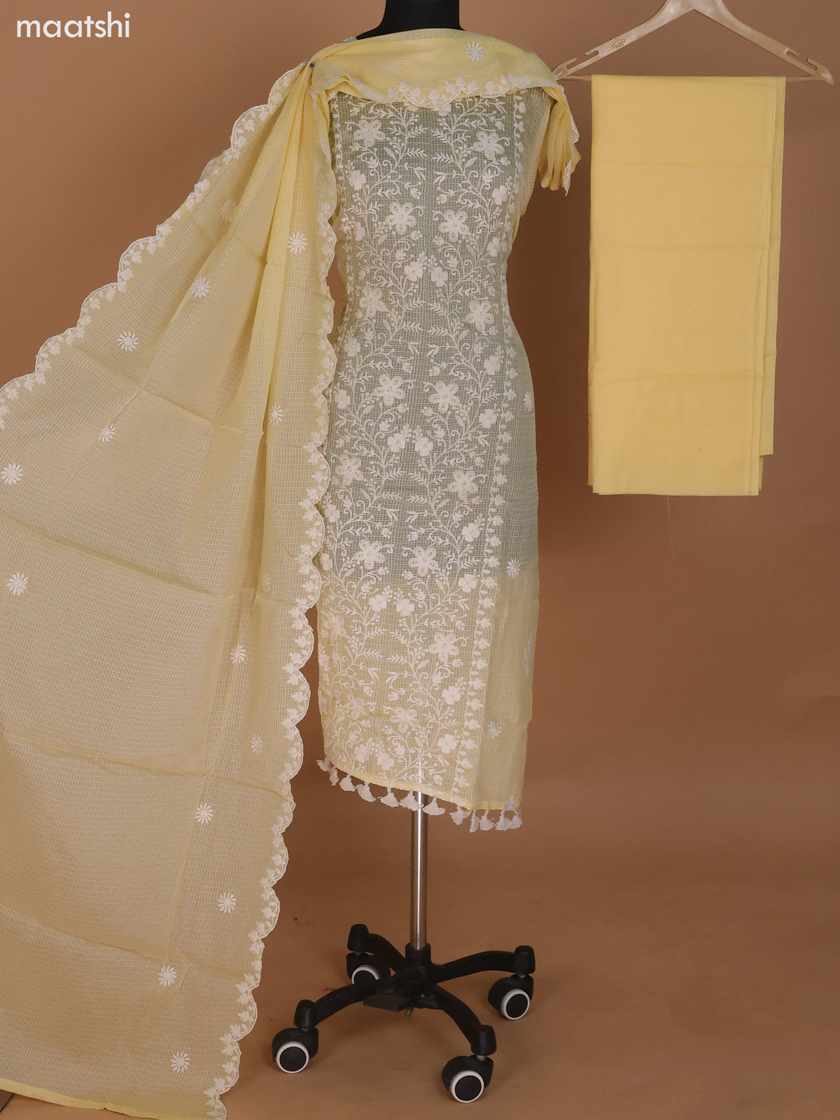 Pale Yellow Kota Dress Material With Floral Embroidery Work and Bottom & Dupatta