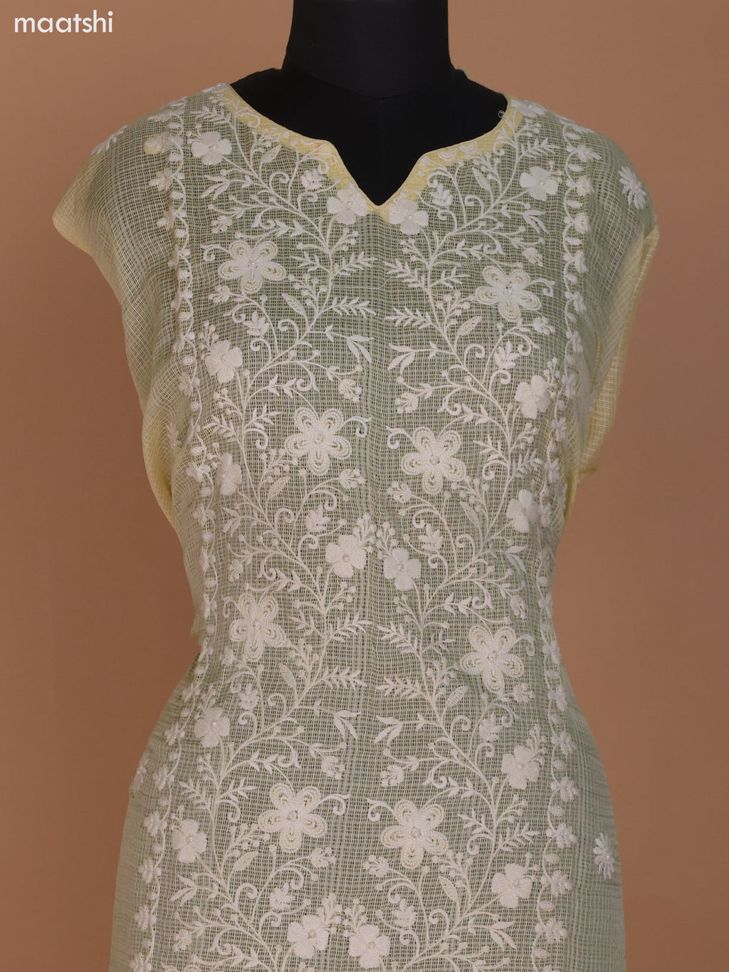 Pale Yellow Kota Dress Material With Floral Embroidery Work and Bottom & Dupatta