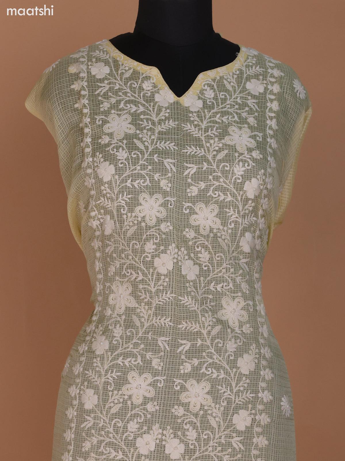 Pale Yellow Kota Dress Material With Floral Embroidery Work and Bottom & Dupatta