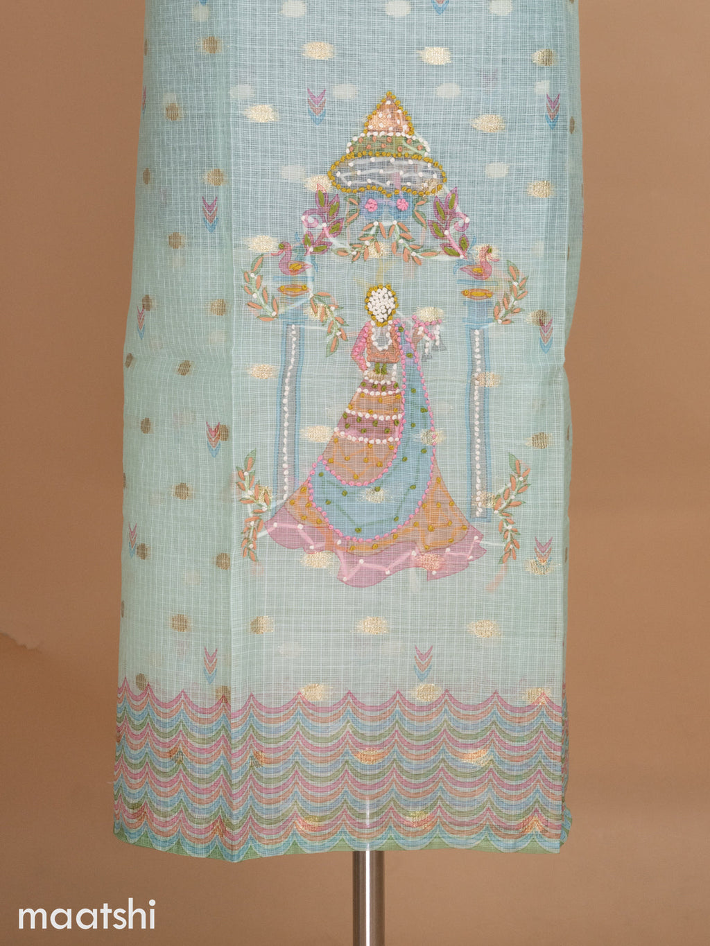 Pista Green Shade Kota Dress Material With Prints French Knot & Zari Buttas and Bottom & Dupatta