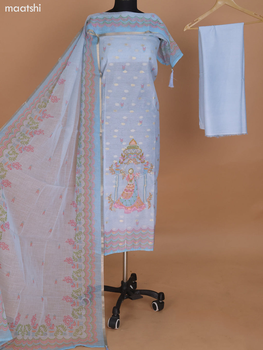 Pastel Blue Kota Dress Material With Prints French Knot & Zari Buttas and Bottom & Dupatta