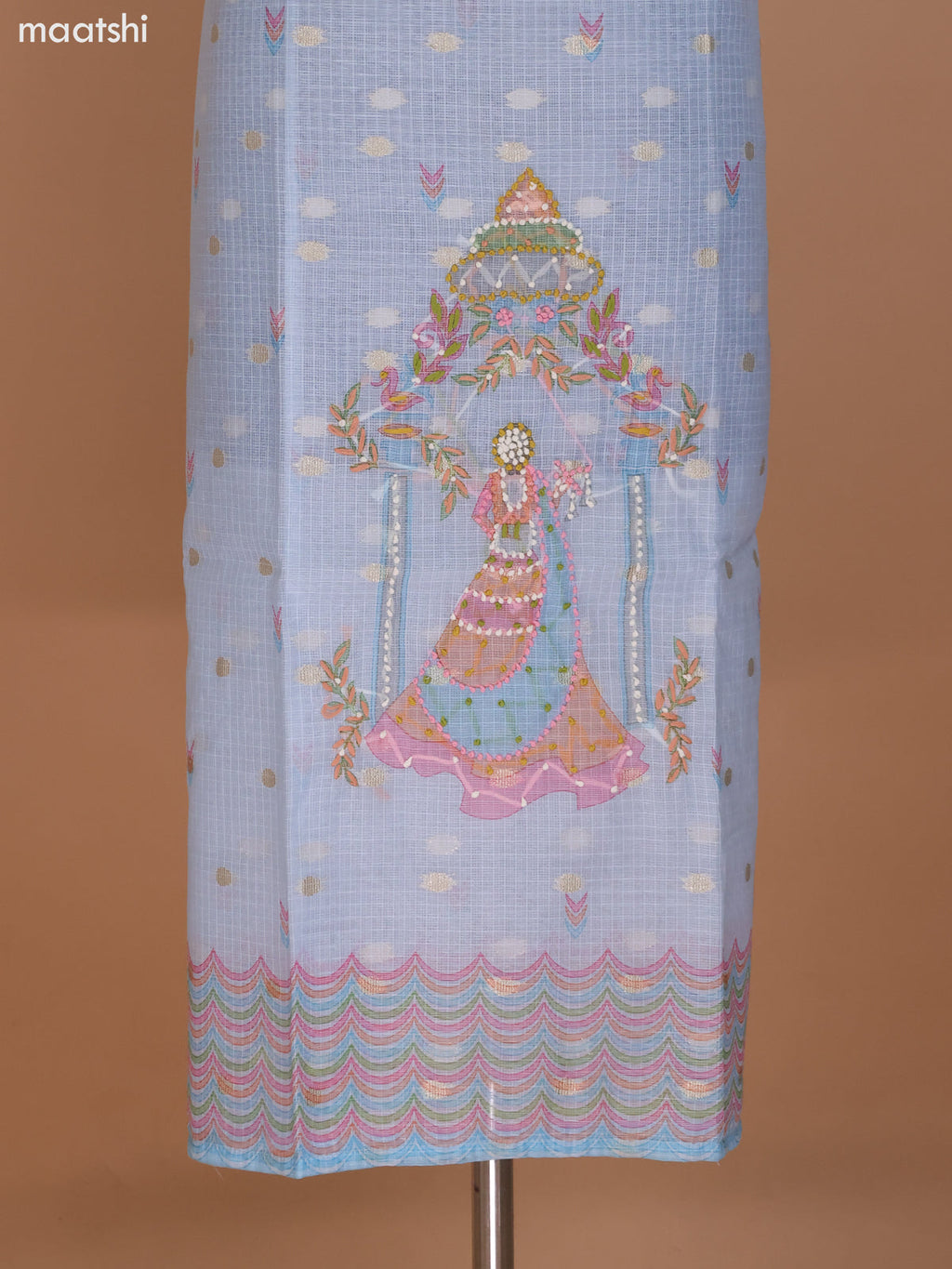 Pastel Blue Kota Dress Material With Prints French Knot & Zari Buttas and Bottom & Dupatta