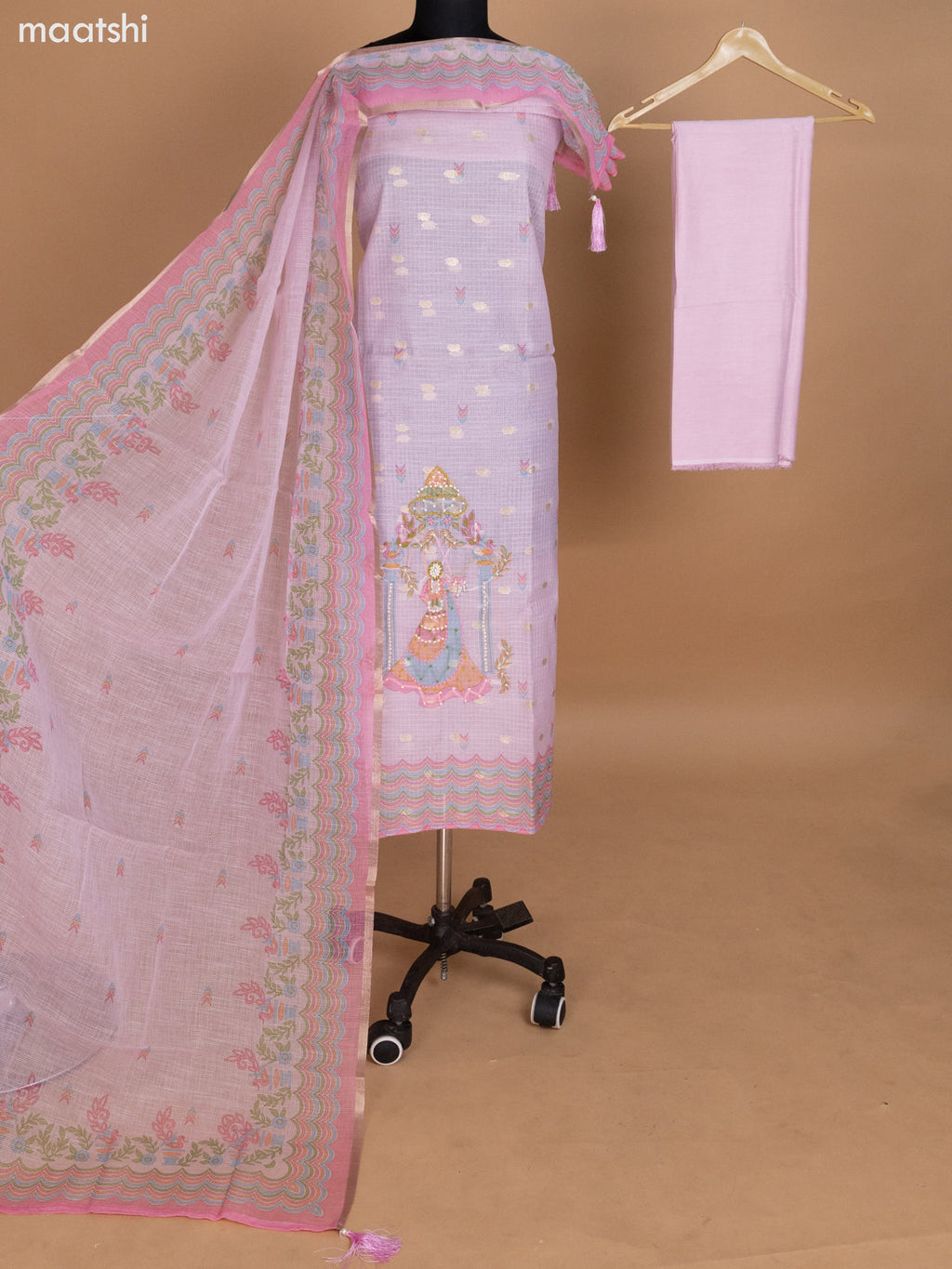 Peach Pink Kota Dress Material With Prints French Knot & Zari Buttas and Bottom & Dupatta