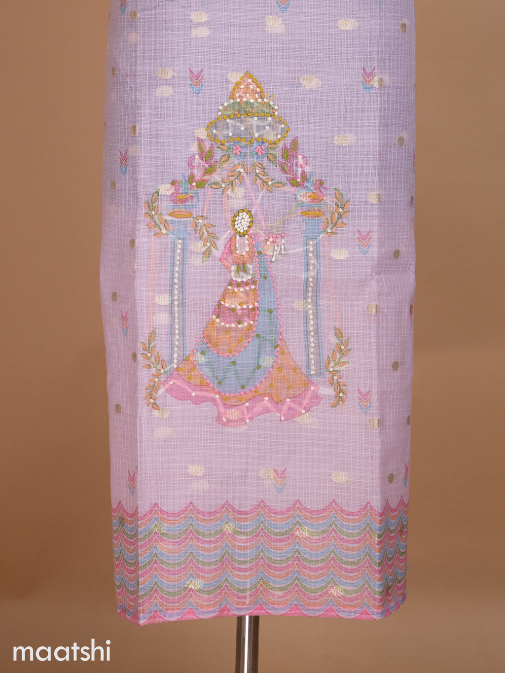 Peach Pink Kota Dress Material With Prints French Knot & Zari Buttas and Bottom & Dupatta