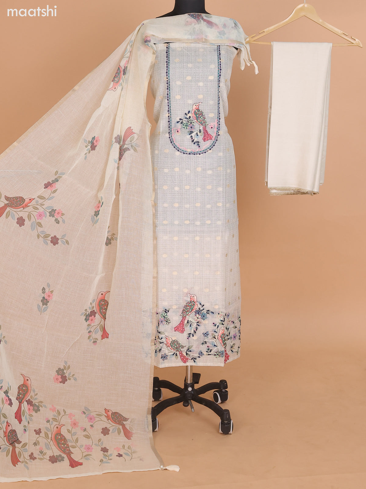 Beige Kota Dress Material With Kantha Stich Work & Zari Buttas and Bottom & Dupatta