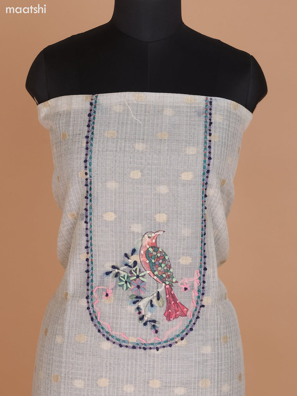 Beige Kota Dress Material With Kantha Stich Work & Zari Buttas and Bottom & Dupatta