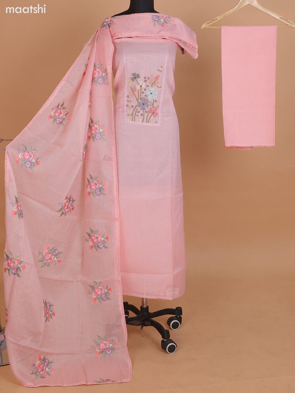 Peach Shade Kota Dress Material With Beaded Work Neck Pattern and Bottom & Dupatta