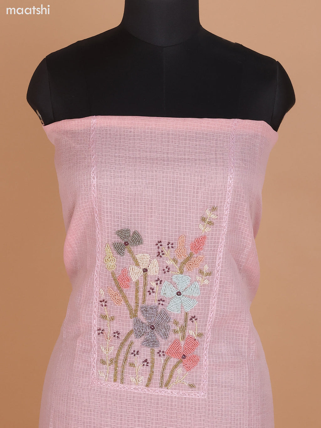 Peach Shade Kota Dress Material With Beaded Work Neck Pattern and Bottom & Dupatta