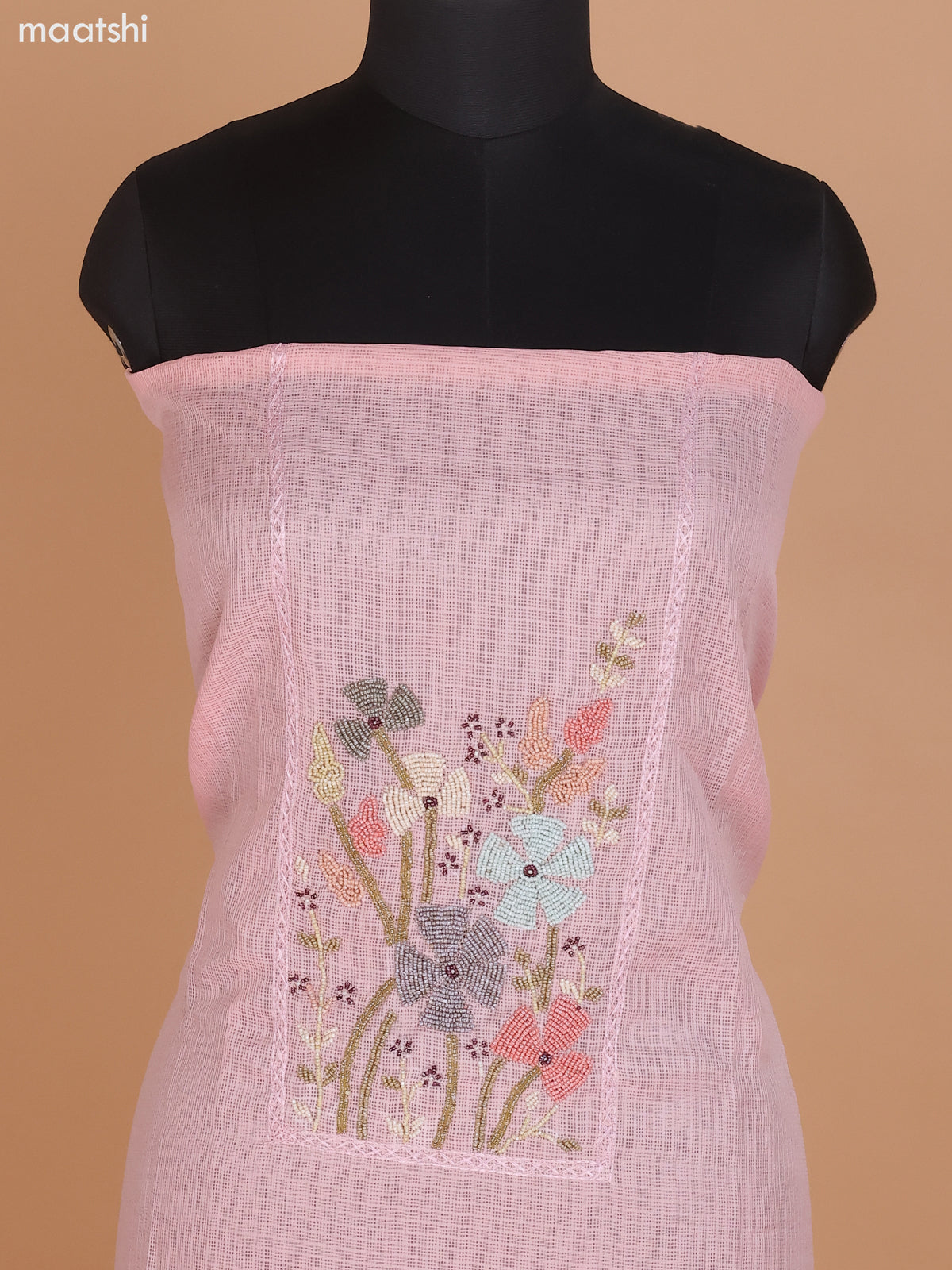 Peach Shade Kota Dress Material With Beaded Work Neck Pattern and Bottom & Dupatta