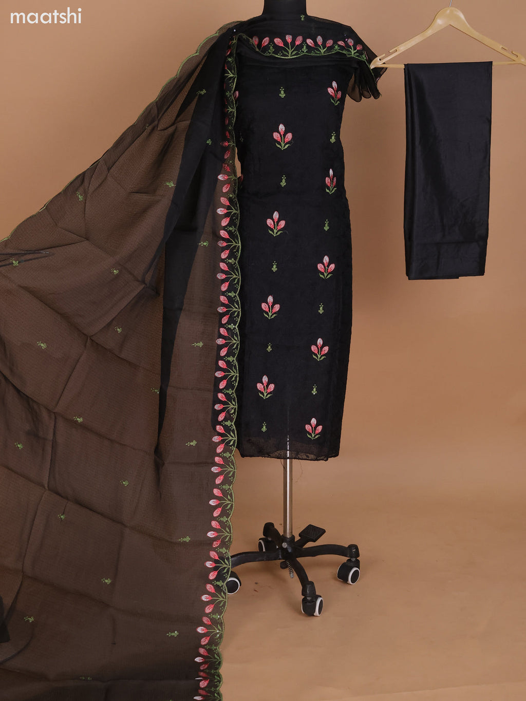 Black Kota Dress Material With Floral Embroidery Work and Bottom & Dupatta