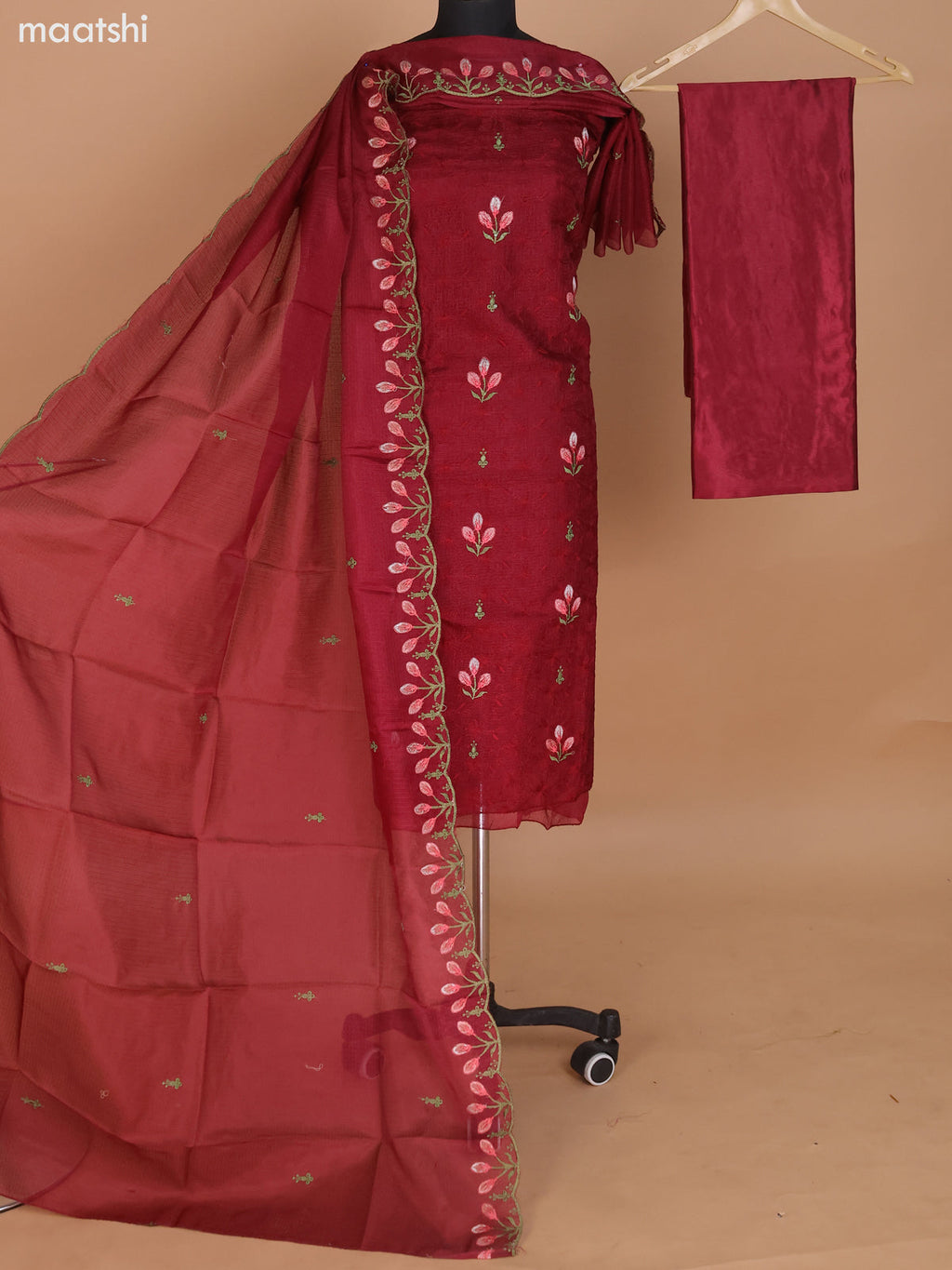 Maroon Kota Dress Material With Floral Embroidery Work and Bottom & Dupatta