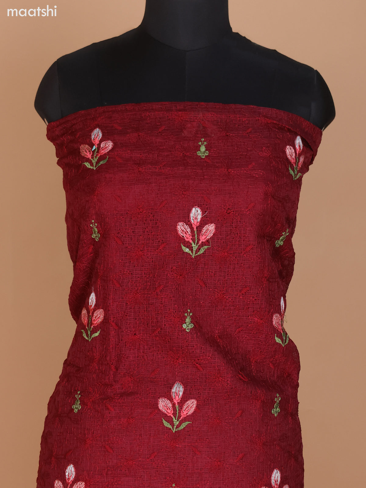 Maroon Kota Dress Material With Floral Embroidery Work and Bottom & Dupatta