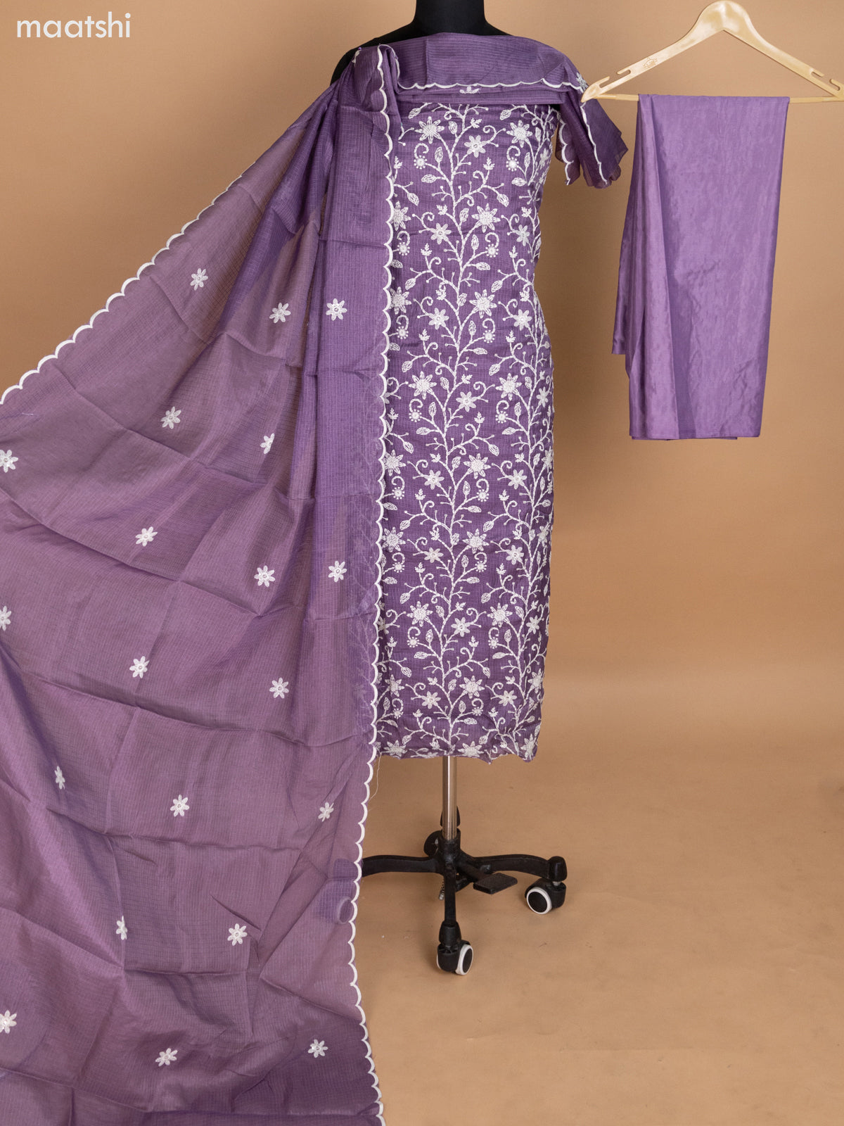 Purple Shade Kota Dress Material With Floral Embroidery & Sequin Work and Bottom & Dupatta