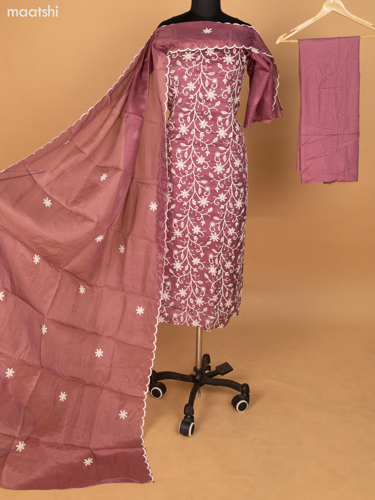 Dark Mauve Pink Kota Dress Material With Floral Embroidery & Sequin Work and Bottom & Dupatta