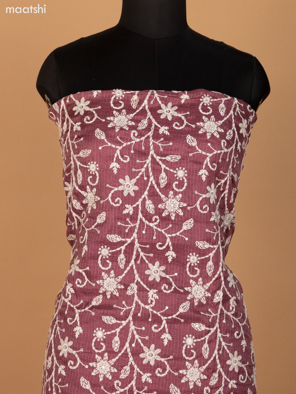 Dark Mauve Pink Kota Dress Material With Floral Embroidery & Sequin Work and Bottom & Dupatta