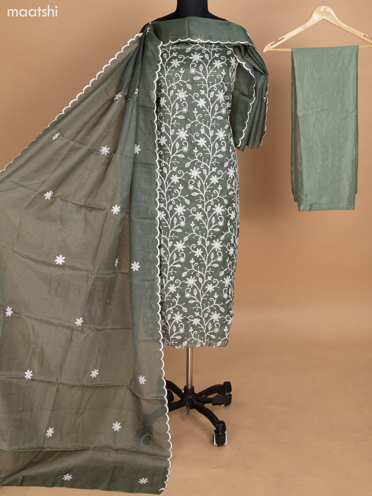 Sarp Green Kota Dress Material With Floral Embroidery & Sequin Work and Bottom & Dupatta