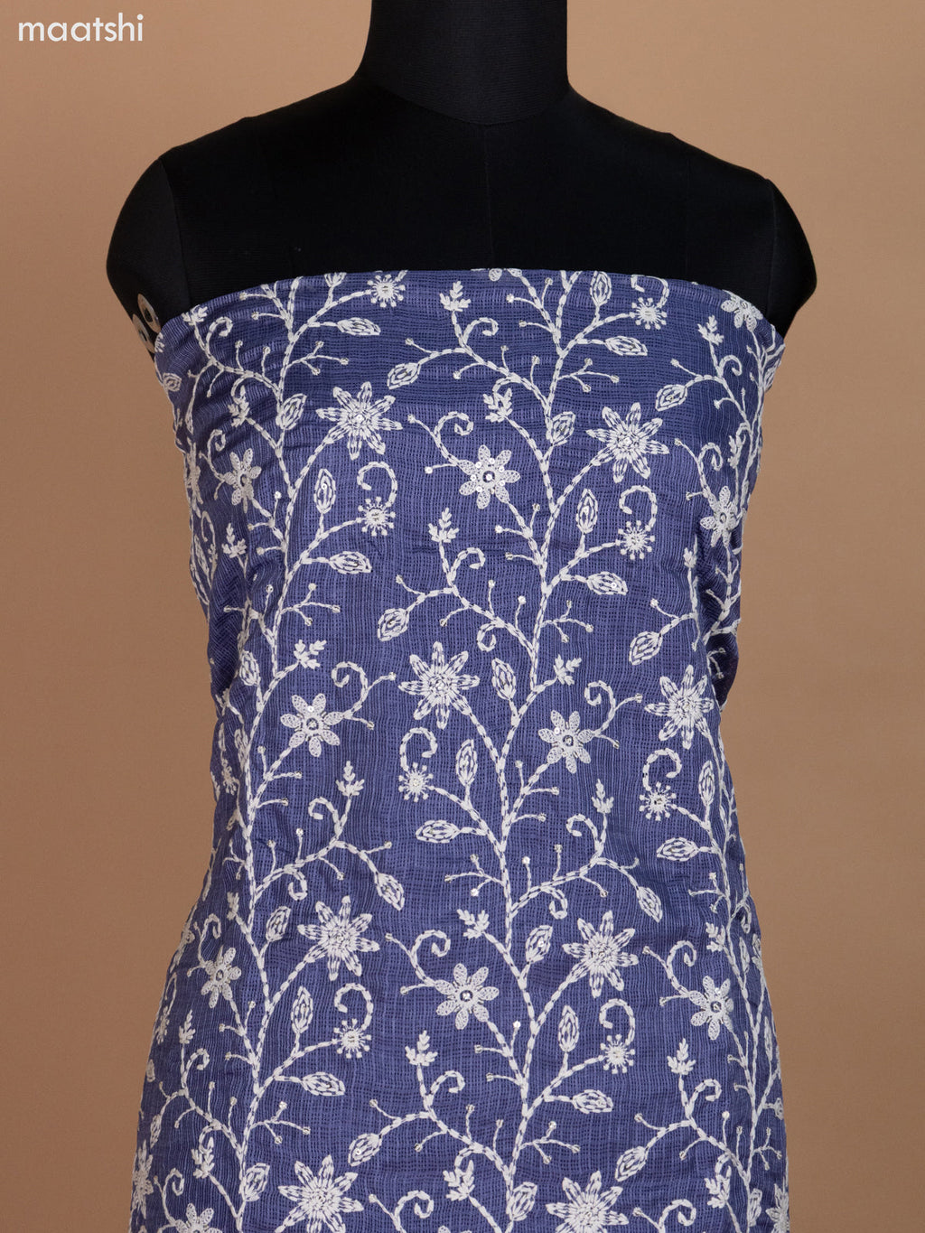 Greyish Blue Kota Dress Material With Floral Embroidery & Sequin Work and Bottom & Dupatta