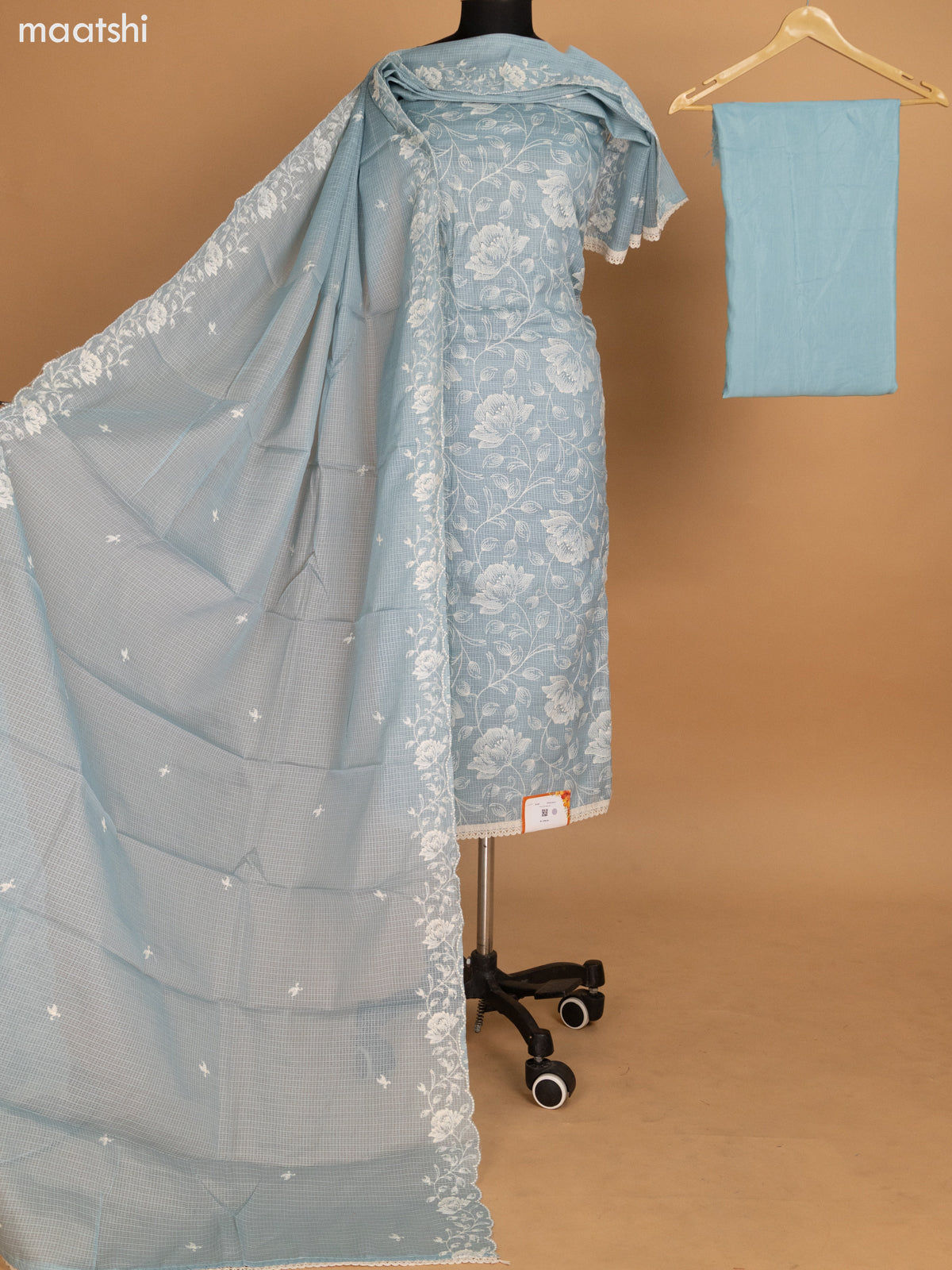 Pastel Blue Kota Dress Material With Floral Embroidery Work and Bottom & Dupatta