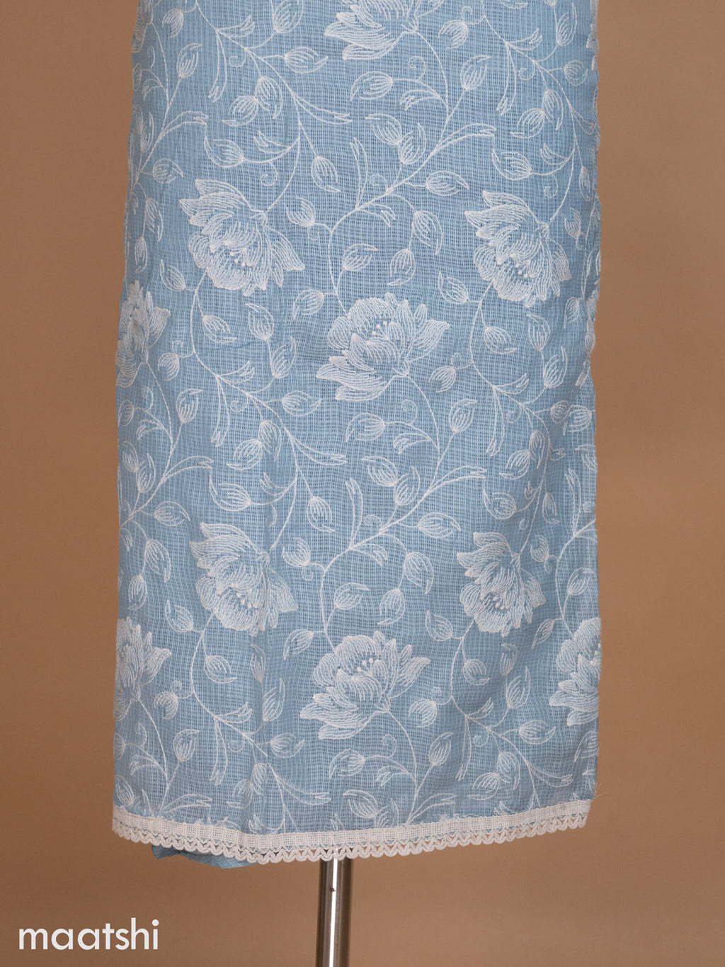 Pastel Blue Kota Dress Material With Floral Embroidery Work and Bottom & Dupatta