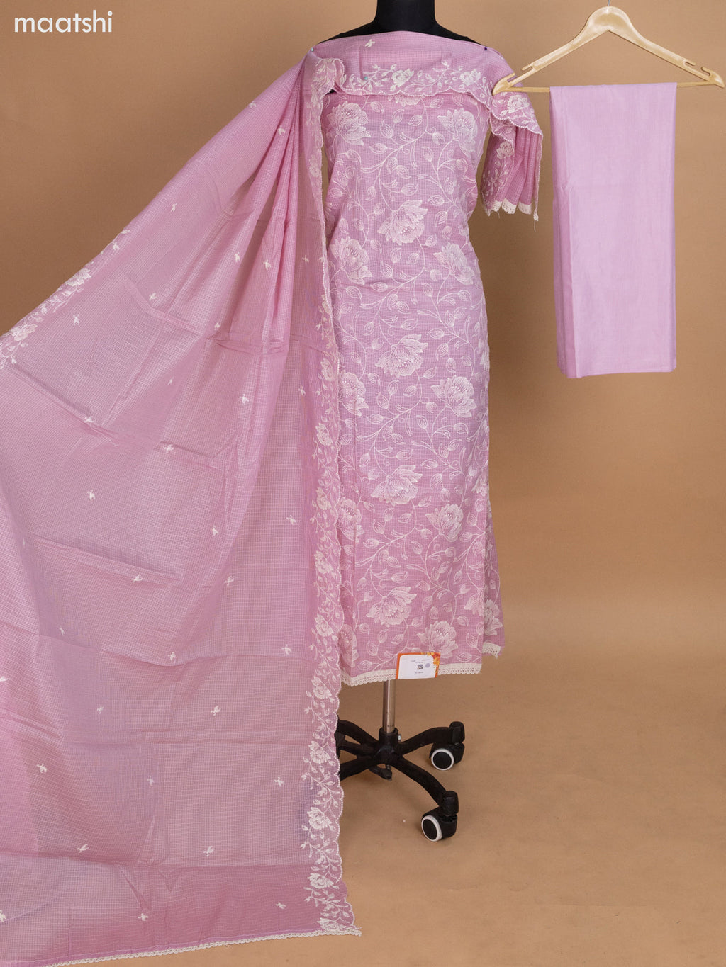 Pastel Pink Kota Dress Material With Floral Embroidery Work and Bottom & Dupatta
