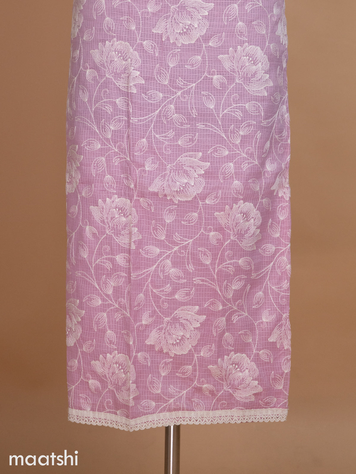 Pastel Pink Kota Dress Material With Floral Embroidery Work and Bottom & Dupatta
