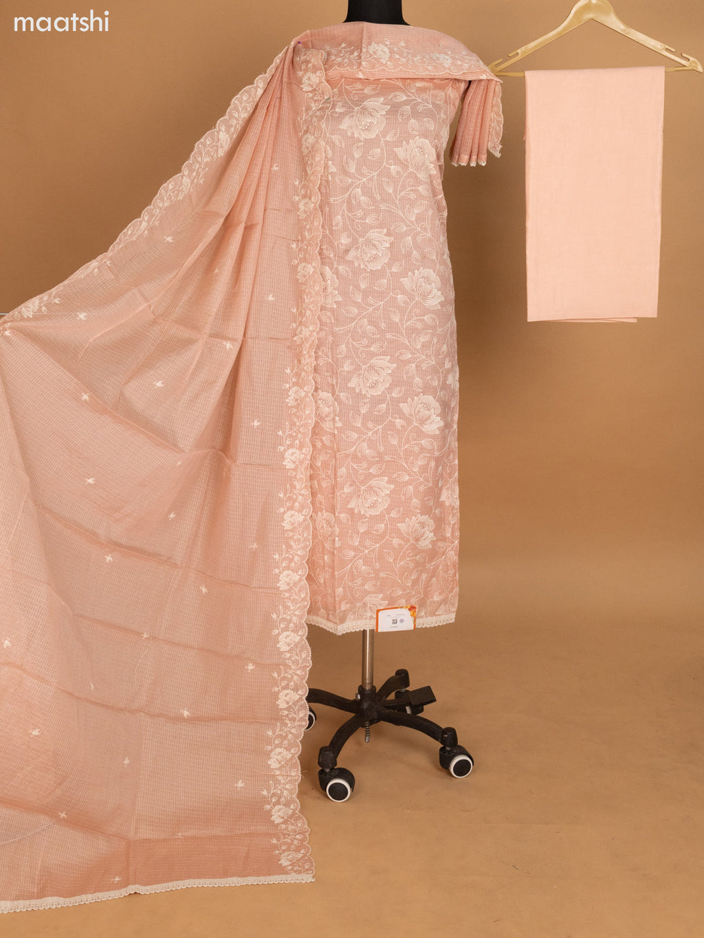 Peach Shade Kota Dress Material With Floral Embroidery Work and Bottom & Dupatta
