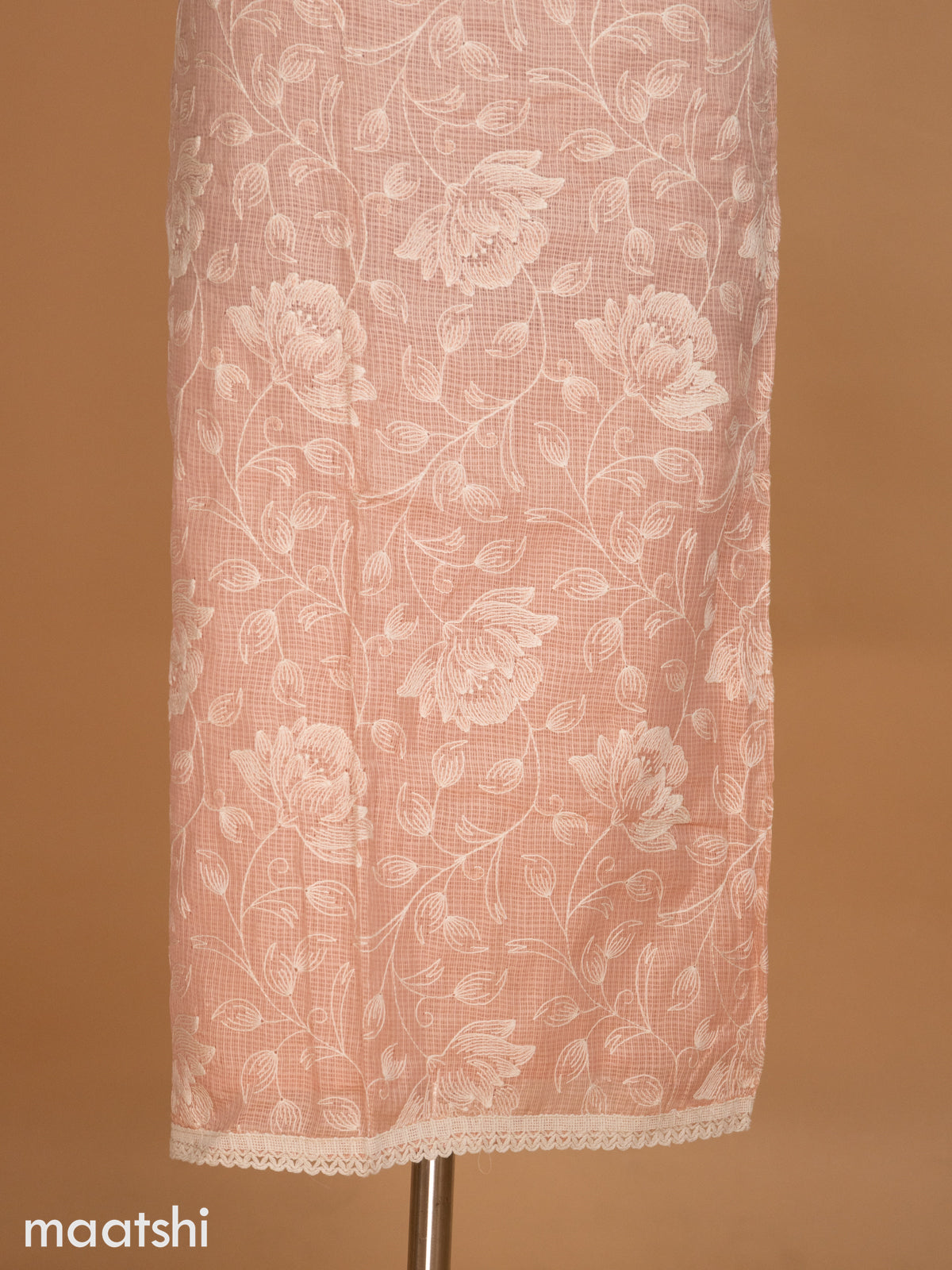 Peach Shade Kota Dress Material With Floral Embroidery Work and Bottom & Dupatta