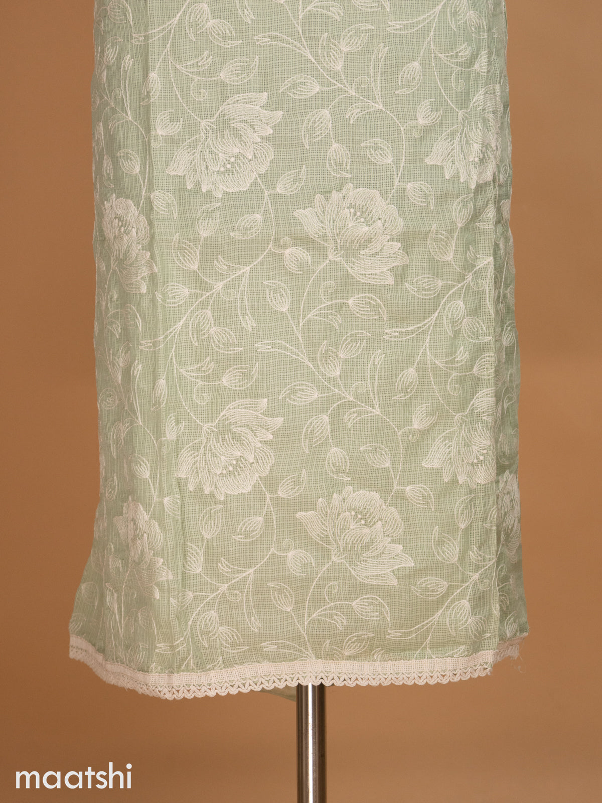 Pastel Green Kota Dress Material With Floral Embroidery Work and Bottom & Dupatta