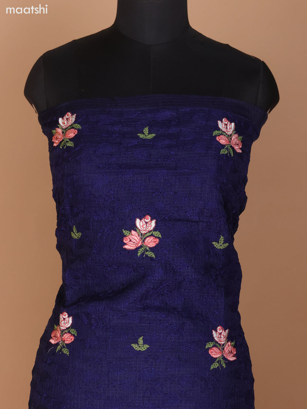 Navy Blue Kota Dress Material With Floral Embroidery Work and Bottom & Dupatta