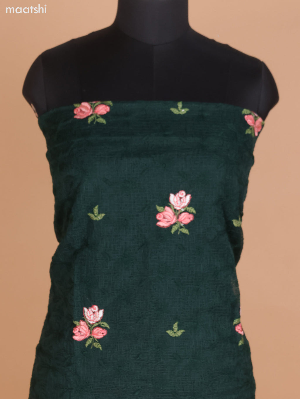 Green Kota Dress Material With Floral Embroidery Work and Bottom & Dupatta
