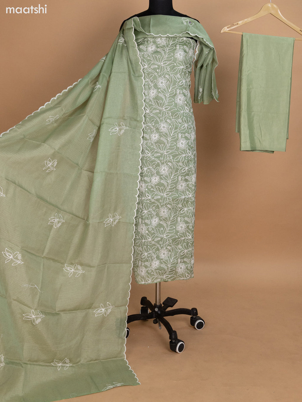 Pastel Green Kota Dress Material With Floral Embroidery Work and Bottom & Dupatta