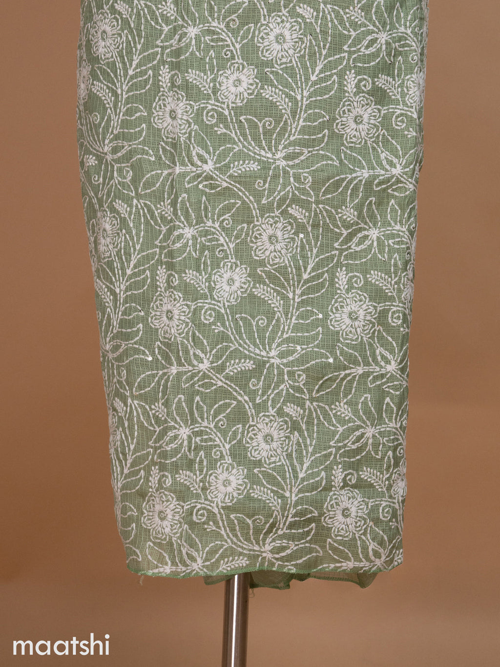 Pastel Green Kota Dress Material With Floral Embroidery Work and Bottom & Dupatta