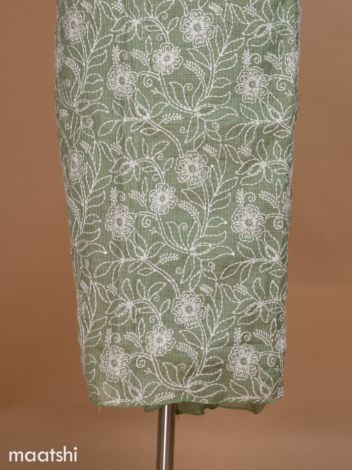 Pastel Green Kota Dress Material With Floral Embroidery Work and Bottom & Dupatta