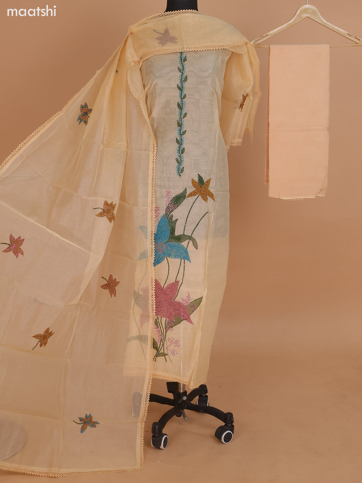 Sandal Kota Dress Material With French Knot & Kantha Stich Work and Bottom & Dupatta