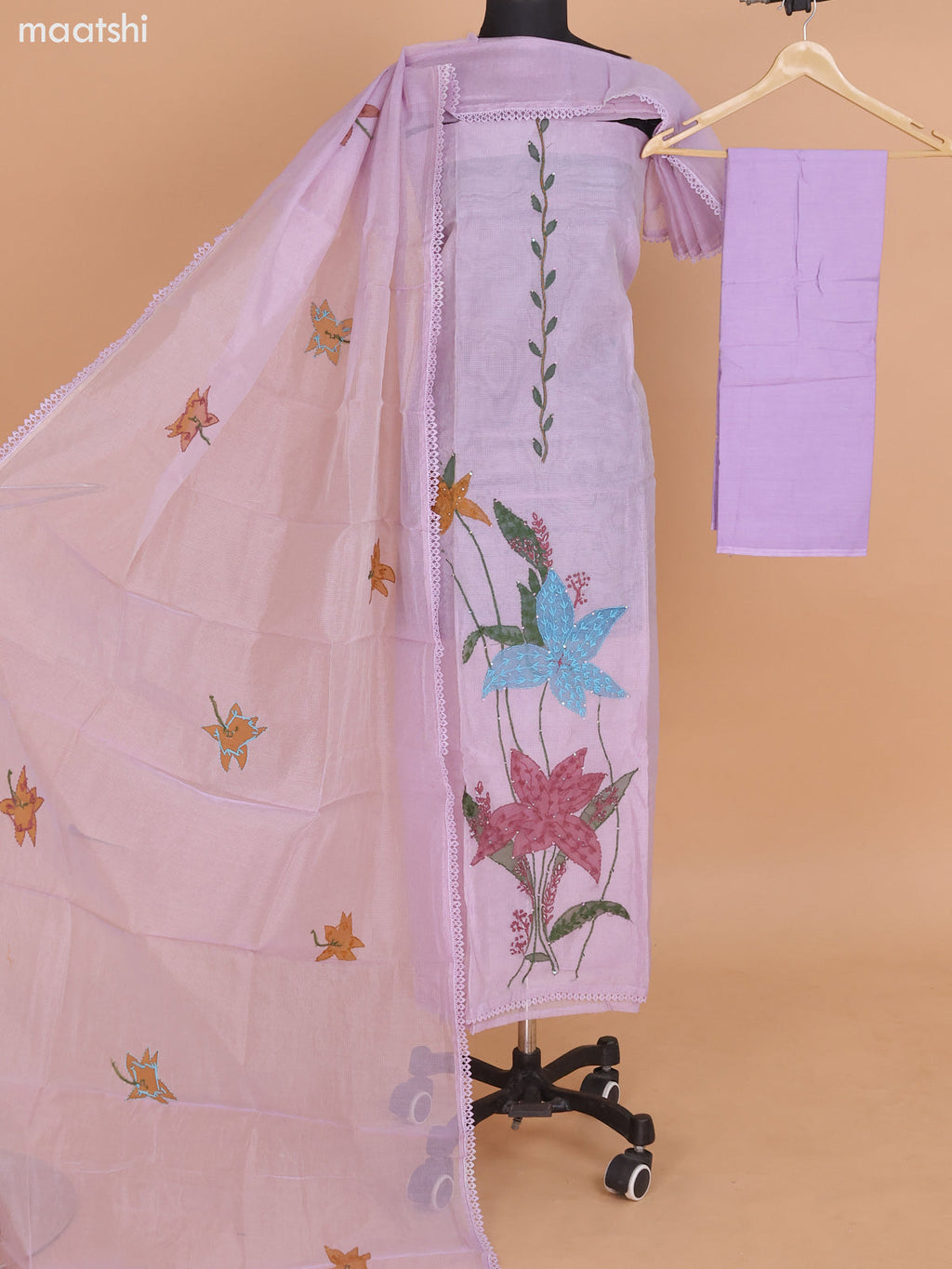 Lavender Kota Dress Material With French Knot & Kantha Stich Work and Bottom & Dupatta