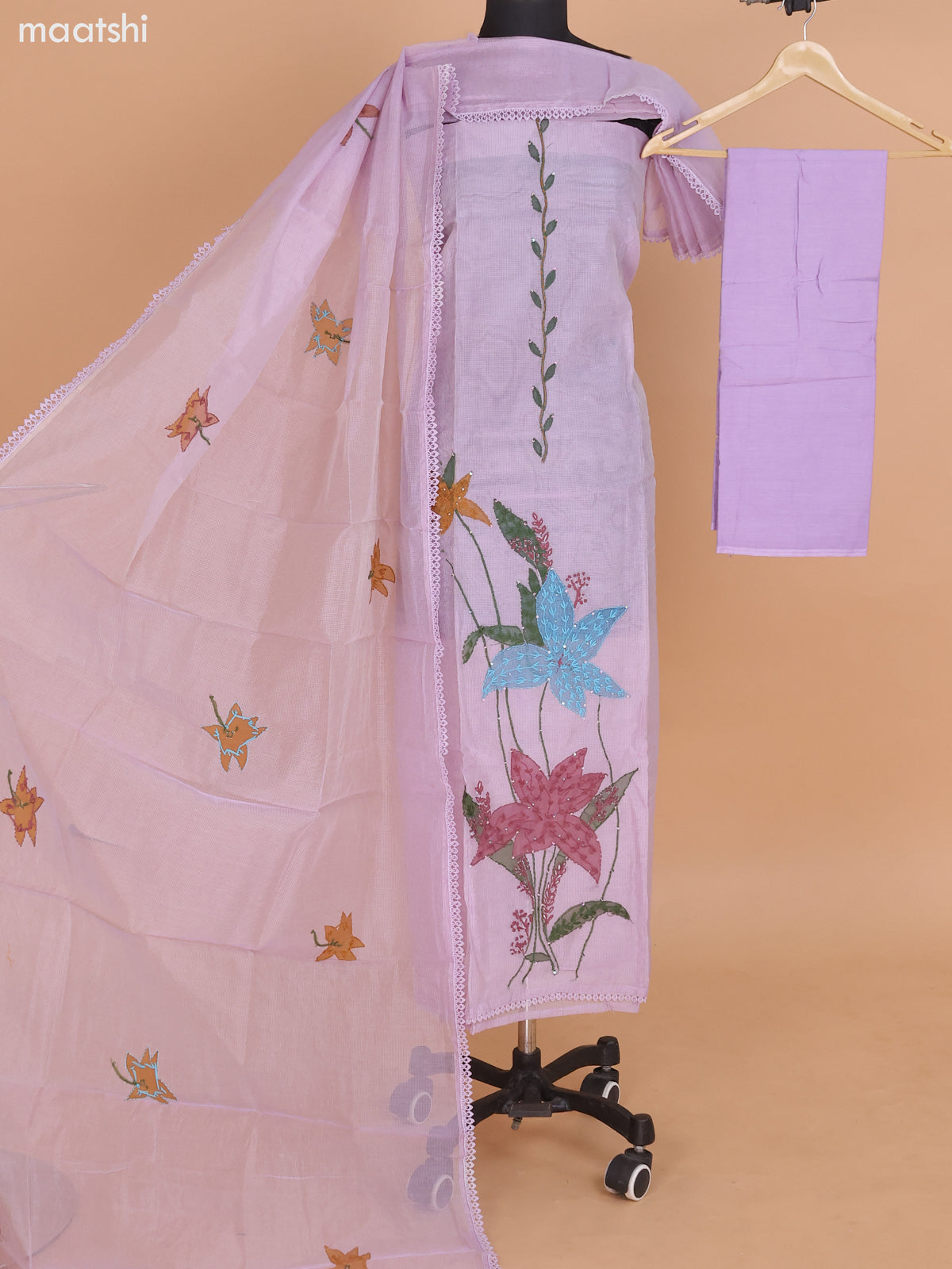 Lavender Kota Dress Material With French Knot & Kantha Stich Work and Bottom & Dupatta