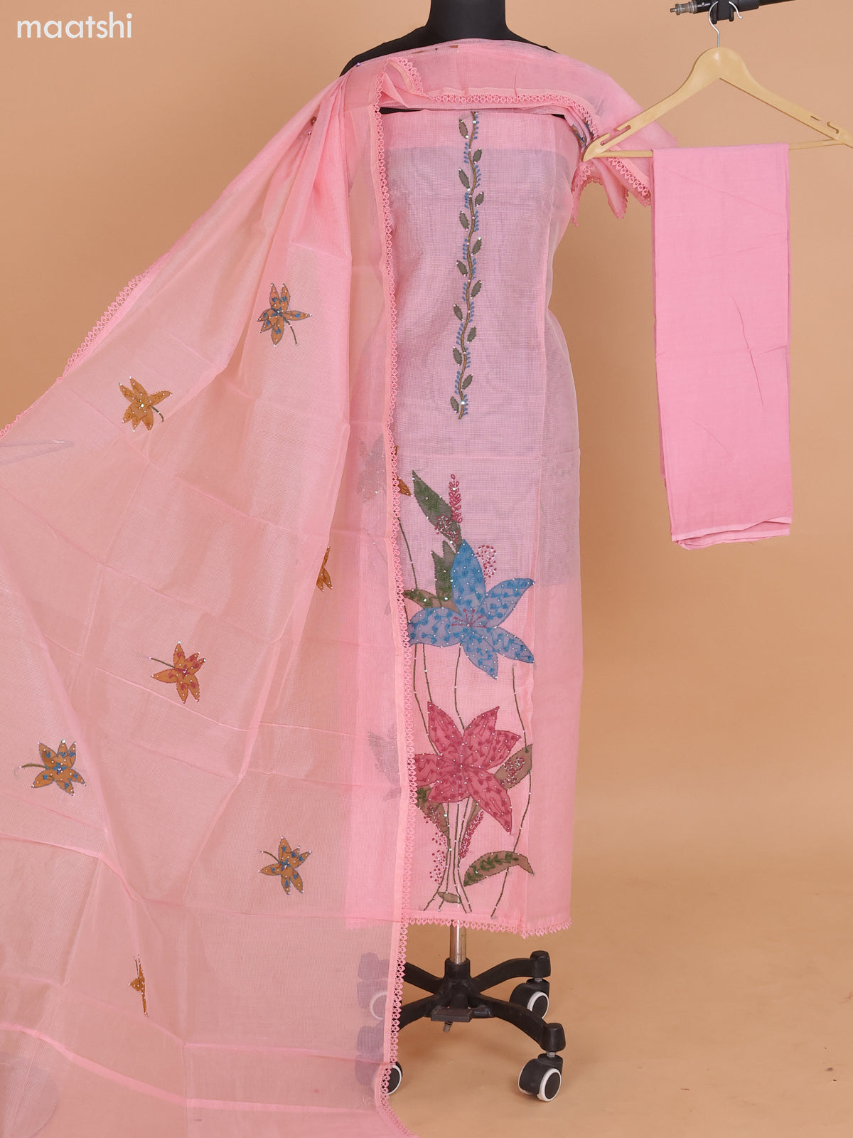 Peach Pink Kota Dress Material With French Knot & Kantha Stich Work and Bottom & Dupatta