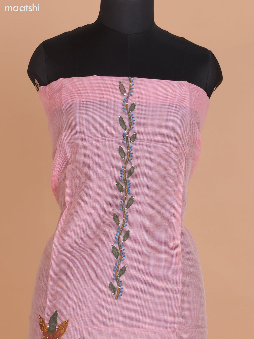Peach Pink Kota Dress Material With French Knot & Kantha Stich Work and Bottom & Dupatta