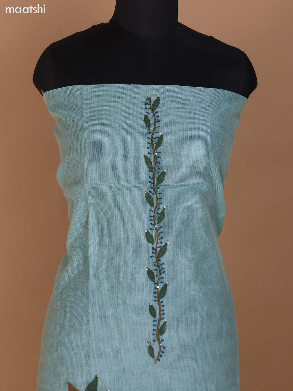 Teal Green Shade Kota Dress Material With Floral Embroidery Work Neck Pattern and Bottom & Dupatta