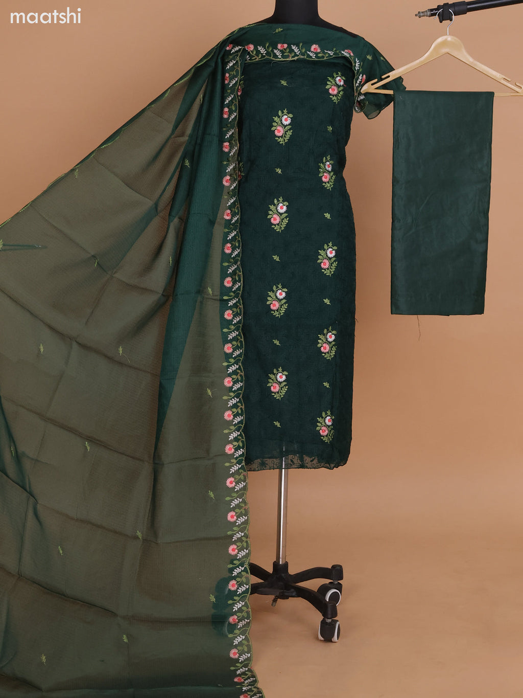 Dark Green Kota Dress Material With Floral Embroidery Work and Bottom & Dupatta